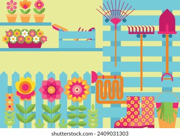 Gardening geometric background with stylised flowers, rack with tools, watering hose, boots, bucket, fence. Banner, cover, poster