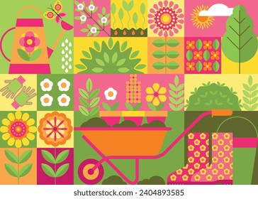 Gardening geometric mosaic background with flowers, spotus, fllowers in pots, cart, boots, watering can. Bright abstract sping poster with gardening accessories and blooming plants. 