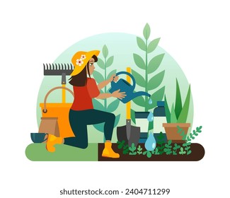 Gardening. A girl in the garden with a watering can in her hands is watering a bed of young seedlings. Nearby there are garden utensils, a rake, a shovel and fertilizers