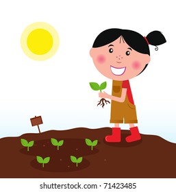 Gardening girl with green plant. Vector Illustration.