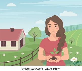 Gardening Girl Holding Plant With Ground