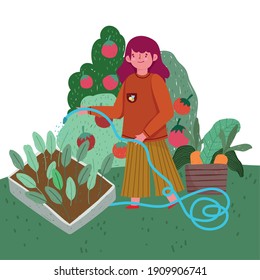 gardening girl spraying water plants vegetables fresh vector illustration