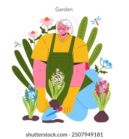 Gardening girl vector illustration. A happy woman plants flowers, cultivating a vibrant garden with joy. Colorful flora and nature-inspired harmony. Vector illustration.