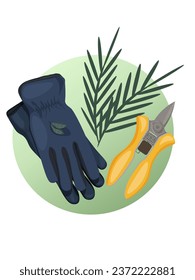 Gardening gloves and pruning shears on a green background. Gardening Tools. Gardening. Landscape design. Vector illustration on a white background.