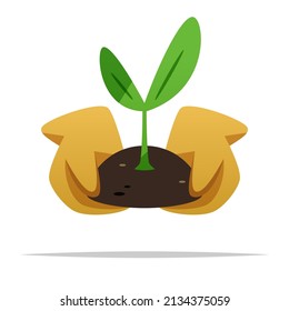 Gardening gloves with soil and plant vector isolated illustration