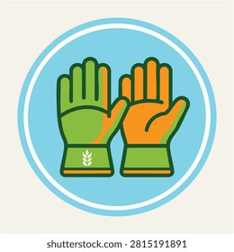 Gardening gloves vector icon featuring green and orange protective handwear inside a blue circular frame.