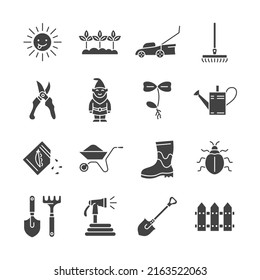 Gardening glyph icon set. Vector collection with seedling, garden gnome, seeds, bug, garden hose, sun, fence, sprout. 