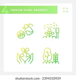 Gardening gradient linear vector icons set. Growing healthy plants. Regenerative agriculture. Farming techniques. Thin line contour symbol designs bundle. Isolated outline illustrations collection