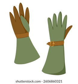 Gardening green gloves illustration in a simple cartoon vector style. A practical agriculture equipment design. Ideal for stickers, packaging, infographics, posters, advertisements, web icons