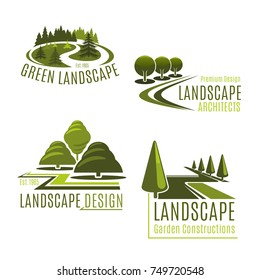 Gardening Or Green Landscape Design Company Icons Set. Vector Isolated Green Tree Park, Nature Eco Village Or Woodland And Parkland For Landscaping Horticulture And Garden Planting Association