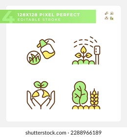 Gardening green RGB color icons set. Growing healthy plants. Regenerative agriculture. Farming techniques. Isolated vector illustrations. Simple filled line drawings collection. Editable stroke