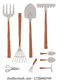 Gardening groundworks tools collection flat vector illustration isolated on white background