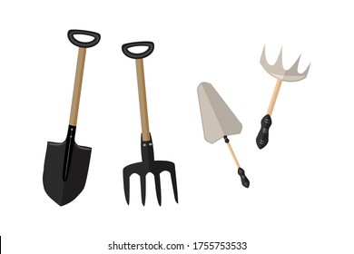 Gardening groundworks tools isolated on white background. Hayfork, trowel, rake and shovel. Garden icon set. Garden tools and gardening items. Groundworks equipment in cartoon style. Stock vector