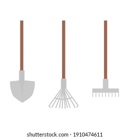 Gardening groundworks tools. Set with rake and shovel. Flat vector illustration