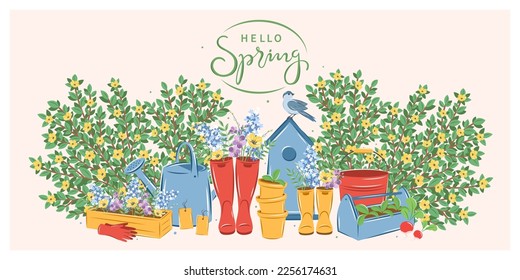 Gardening, growing plants, agricultural tools. Hello spring garden.  Vector illustration.