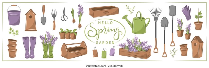 Gardening, growing plants, agricultural tools. Hello spring garden text.  Vector illustration Isolated on white.