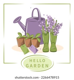 Gardening, growing plants, agricultural tools. Hello garden.  Vector illustration.