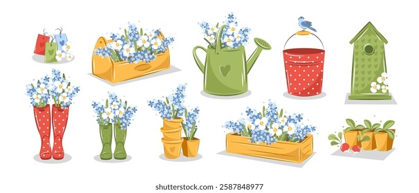 Gardening, growing plants, agricultural tools. Hello spring garden text.  Vector illustration Isolated on white.