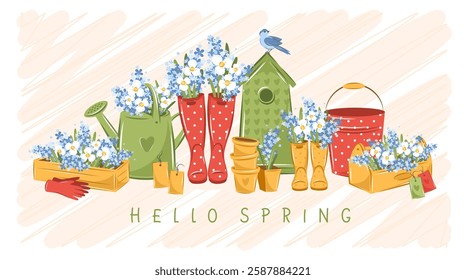 Gardening, growing plants, agricultural tools. Hello spring garden.  Vector illustration.