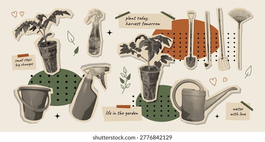 Gardening halftone collage cutout set with seedling plants,watering can,spray bottle,bucket,tools. Vintage style for stickers, scrapbook,journaling,eco lifestyle design. Vector illustration
