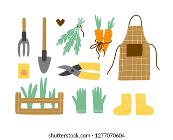 Gardening hand draw vector illustration. Arugula, carrots, seedlings, shovel, seeds, gloves, boots, apron isolated on white background