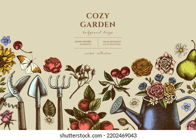 Gardening hand drawn illustration design. Background with retro watering can, apples, cherry, rose, pears, shovel, rake, secateurs, chamomile, sunflower, forget me not flower, ranunculus, great orange