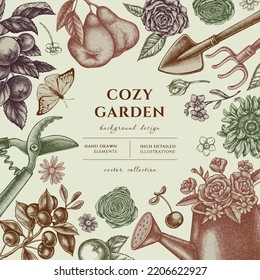 Gardening hand drawn illustration design. Background with vintage watering can, apples, cherry, pears, shovel, rake, secateurs, chamomile, sunflower, forget me not flower, ranunculus, great orange-tip