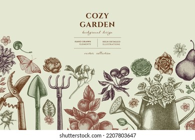 Gardening hand drawn illustration design. Background with vintage watering can, apples, cherry, rose, pears, shovel, rake, secateurs, chamomile, sunflower, forget me not flower, ranunculus, great