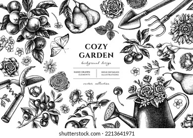 Gardening hand drawn illustration design. Background with sketch watering can, apples, cherry, rose, pears, shovel, rake, secateurs, chamomile, sunflower, forget me not flower, ranunculus, great