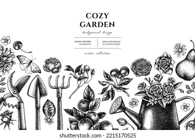 Gardening hand drawn illustration design. Background with sketch watering can, apples, cherry, rose, pears, shovel, rake, secateurs, chamomile, sunflower, forget me not flower, ranunculus, great