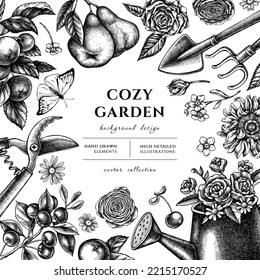 Gardening hand drawn illustration design. Background with sketch watering can, apples, cherry, pears, shovel, rake, secateurs, chamomile, sunflower, forget me not flower, ranunculus, great orange-tip