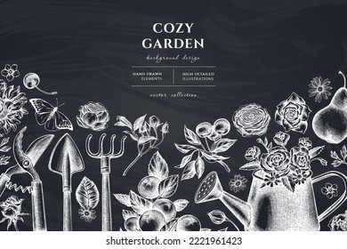 Gardening hand drawn illustration design. Background with chalk watering can, apples, cherry, rose, pears, shovel, rake, secateurs, chamomile, sunflower, forget me not flower, ranunculus, great orange