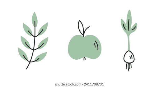 Gartenhandgezeichnete Pflanzensymbole. Doodle Ast, Zweig, Obst, Apfel, Samen mit Wurzel. Vektorgrafik. Symbole, Schilder und Schilder für Garten und Bauernhof.