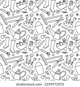 Gardening hand drawn seamless pattern, doodle ornament of  garden tools icons, vector illustrations of shovel, wheelbarrow, watering can, harvesting in summer, outline pattern on white background