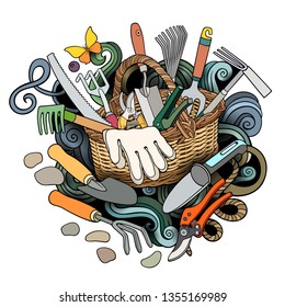Gardening hand drawn vector doodles illustration. Garden elements and objects cartoon background. Bright colors funny picture