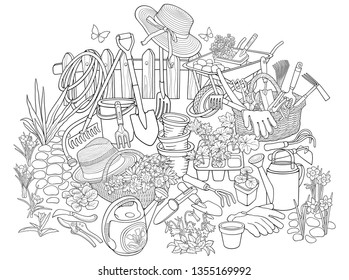 Gardening hand drawn vector doodles illustration. Garden elements and objects cartoon background. Line art funny picture