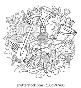 Gardening hand drawn vector doodles illustration. Garden elements and objects cartoon background. Line art funny picture