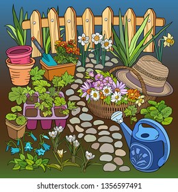 Gardening hand drawn vector doodles illustration. Garden elements and objects cartoon background. Bright colors funny picture