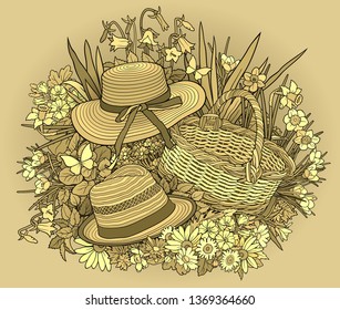 Gardening hand drawn vector doodles illustration. Picnic elements and objects cartoon background. Toned summer funny picture