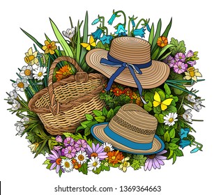 Gardening hand drawn vector doodles illustration. Picnic elements and objects cartoon background. Bright colors summer funny picture
