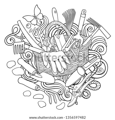 Gardening hand drawn vector doodles illustration. Garden elements and objects cartoon background. Line art funny picture