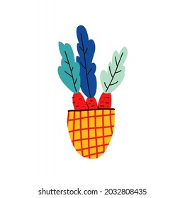 Gardening hand drawn vector illustration. Colorful carrots cute drawing. Growing vegetables. Home gardening. Carrots in a yellow pot. Veggies bouquet. Healthy lifestyle, healthy food. Green farm, eco