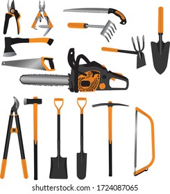 Gardening handle tools set including chainsaw, handsaws, scissors, ax hatchet, spade, rake, pickax and multifunction tools collection 