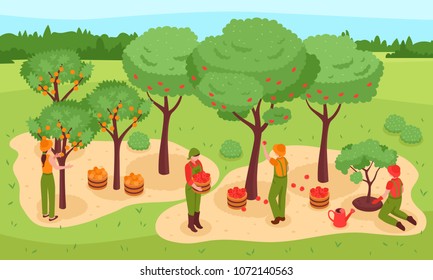 Gardening and harvest isometric concept with trees fruit and people symbols vector illustration