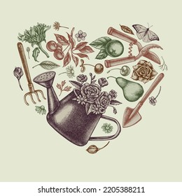 Gardening heart vintage design. Hand drawn watering can, apples, cherry, pears, shovel, rake, secateurs, chamomile, sunflower, forget me not flower, great orange-tip, roses.