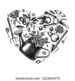 Gardening heart vintage design. Hand drawn watering can, apples, cherry, pears, shovel, rake, secateurs, chamomile, sunflower, forget me not flower, great orange-tip, roses.