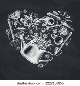 Gardening heart vintage design. Hand drawn watering can, apples, cherry, pears, shovel, rake, secateurs, chamomile, sunflower, forget me not flower, great orange-tip, roses.