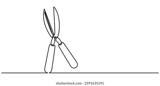 Gardening Hedge Trimmers Line Drawing with Editable Stroke and Color Elements, hedge clippers continuous one line drwing off white background, minimalist design concept pro style. vector illustration.