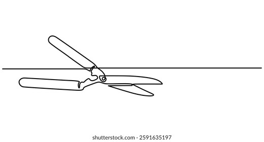 Gardening Hedge Trimmers Line Drawing with Editable Stroke and Color Elements, hedge clippers continuous one line drwing off white background, minimalist design concept pro style. vector illustration.