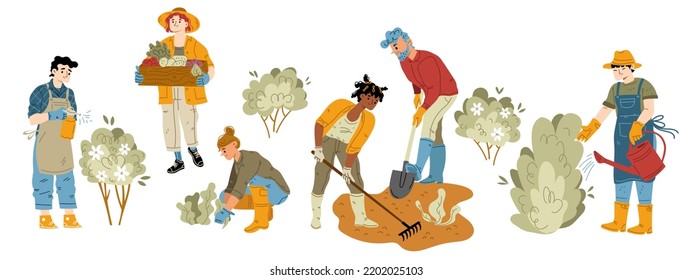 Gardening hobby, farm works set. Characters working in garden. Men and women harvesting, planting and caring of plants, raking ground, watering and fertilize flowers, Line art flat vector illustration